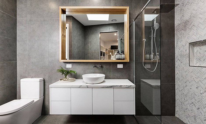 Floating Vanity With Beveled Bathroom Mirror And Bathroom Tiles Designs Also Accent Walls For Modern Bathroom