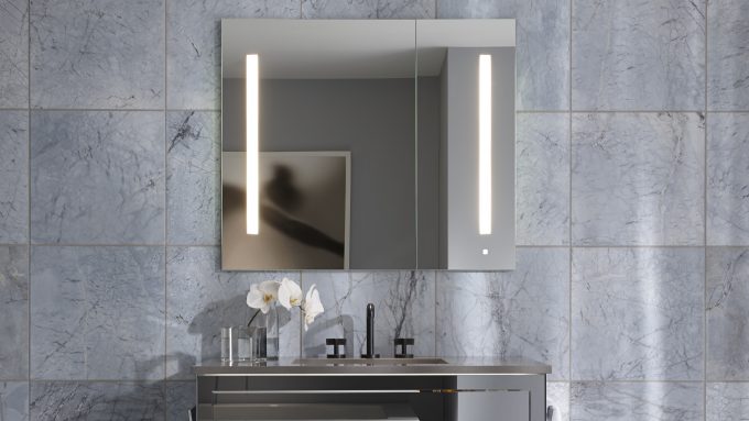 Robern Medicine Cabinets With Lights And Vanity Cabinet Also Tile Walls For Modern Bathroom