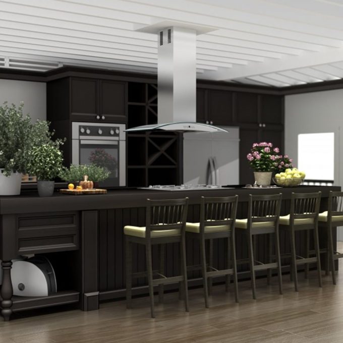 Bar Stools And Kitchen Island With Cooktop Also Recirculating Range Hood And Kitchen Cabinets