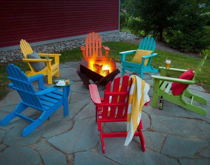 Fire Pit With Polywood Adirondack Chairs And Stone Tile Pavers Also Lawn For Patio Design